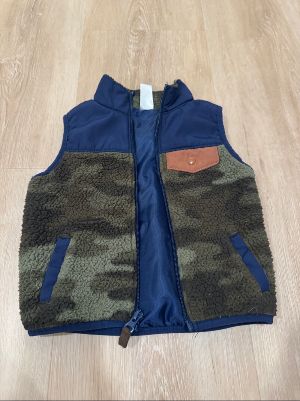 Carter's Navy & Olive Green Camouflage Sherpa Vest with Brown Pocket Accent
